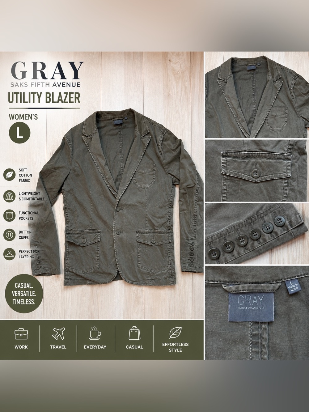GRAY Saks Fifth Avenue Olive Cotton Utility Blazer Jacket Women’s L Military Saf